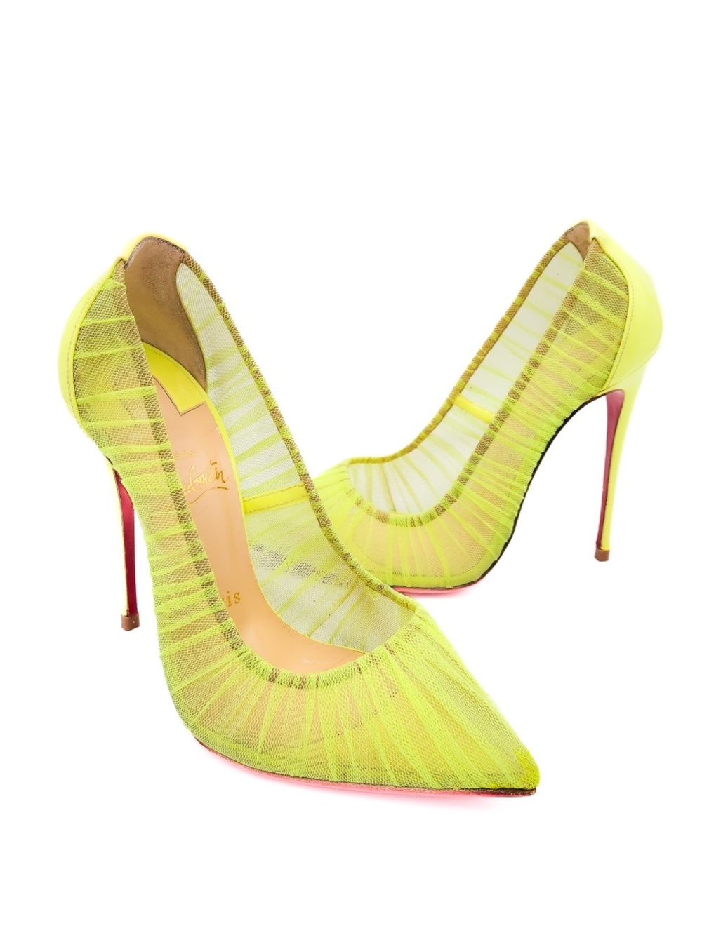 Christian Louboutin Neon Yellow Tulle Mesh Pumps Heels EU 37